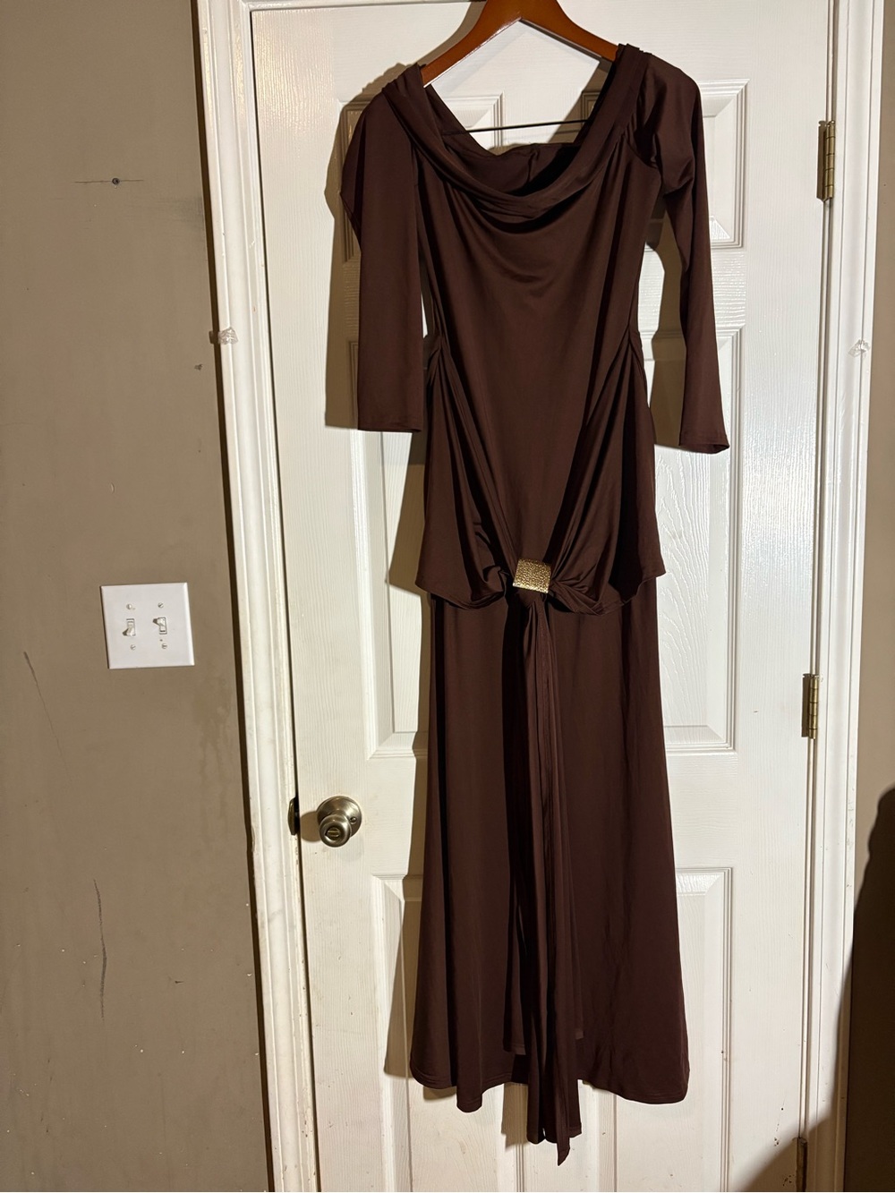 Women's Brown Long Sleeve Draped Evening Gown with Knot Detail